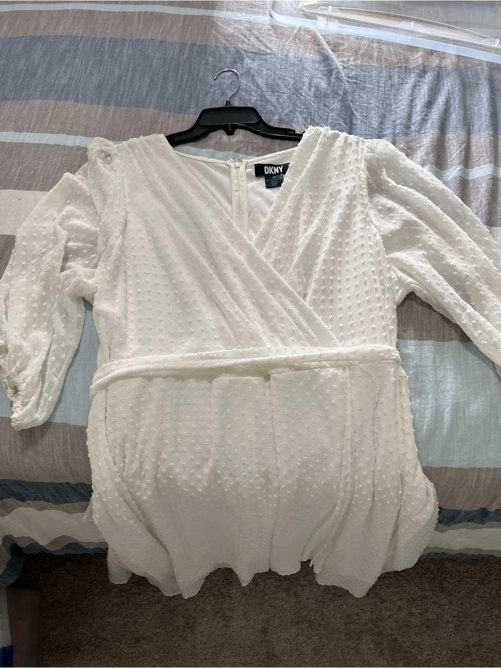 DKNY White Swiss Dot Wrap-Style Long Sleeve Dress